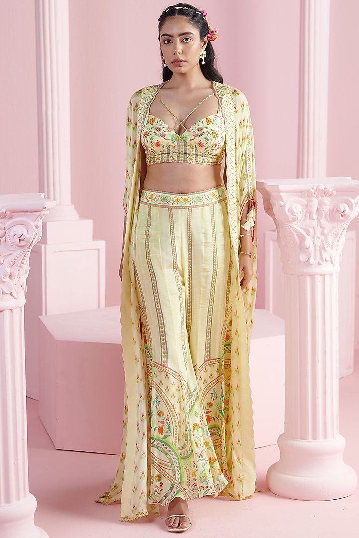 Lemon Yellow Chiffon Printed Cape Set by Mandira Wirk - Indian at Pernia's Pop Up Shop