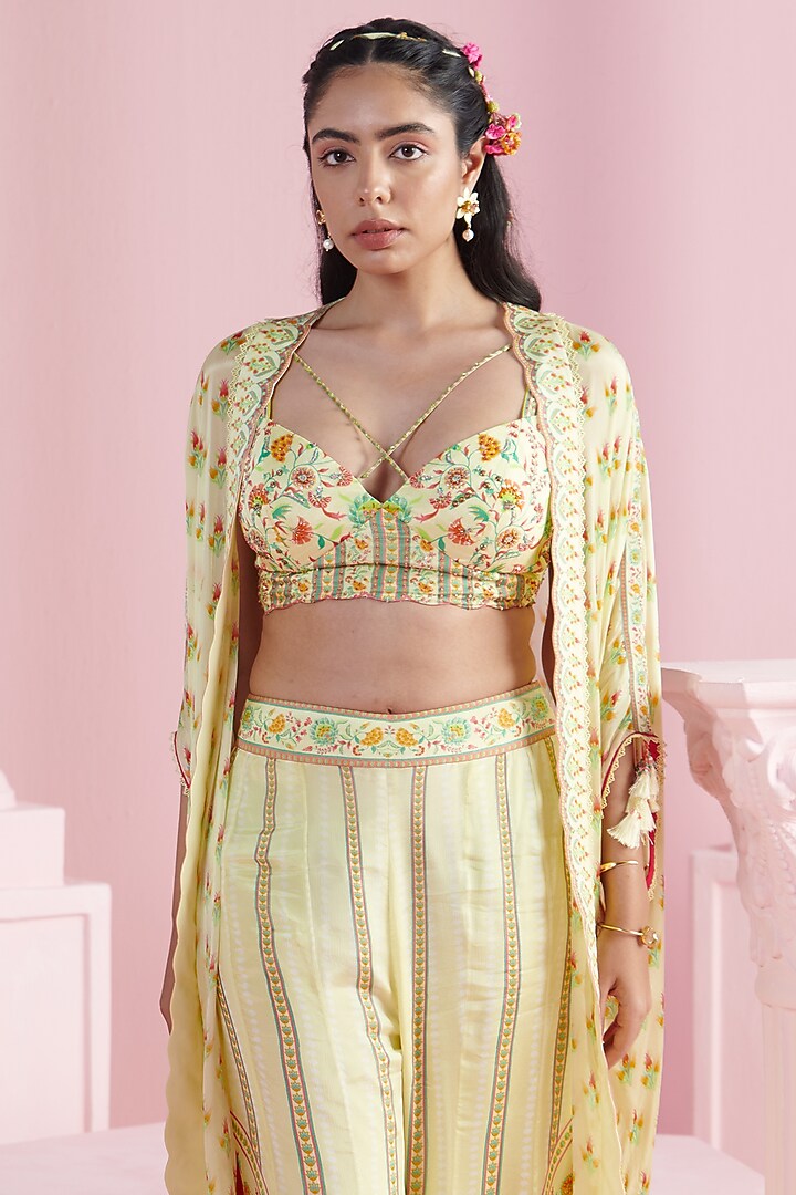 Lemon Yellow Chiffon Printed Cape Set by Mandira Wirk - Indian at Pernia's Pop Up Shop