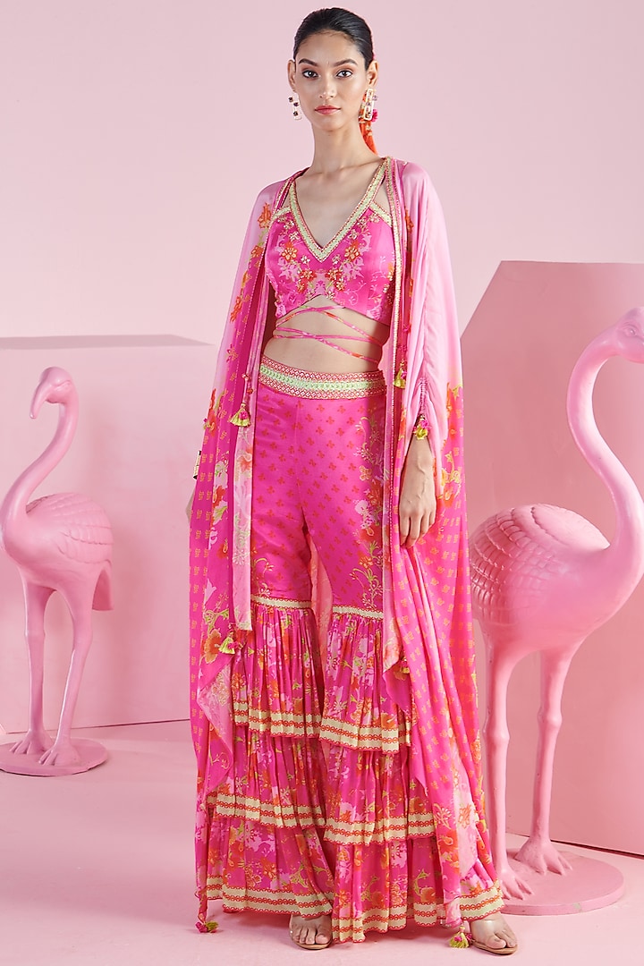 Pink Chiffon Layered Ruffled Cape Set by Mandira Wirk at Pernia's Pop Up Shop