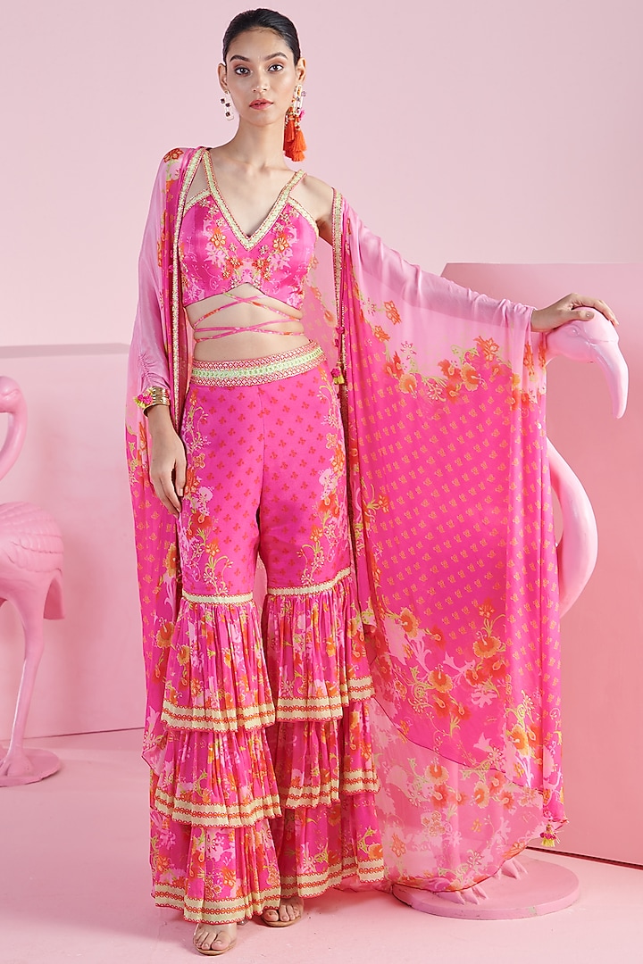 Pink Chiffon Layered Ruffled Cape Set by Mandira Wirk - Indian at Pernia's Pop Up Shop
