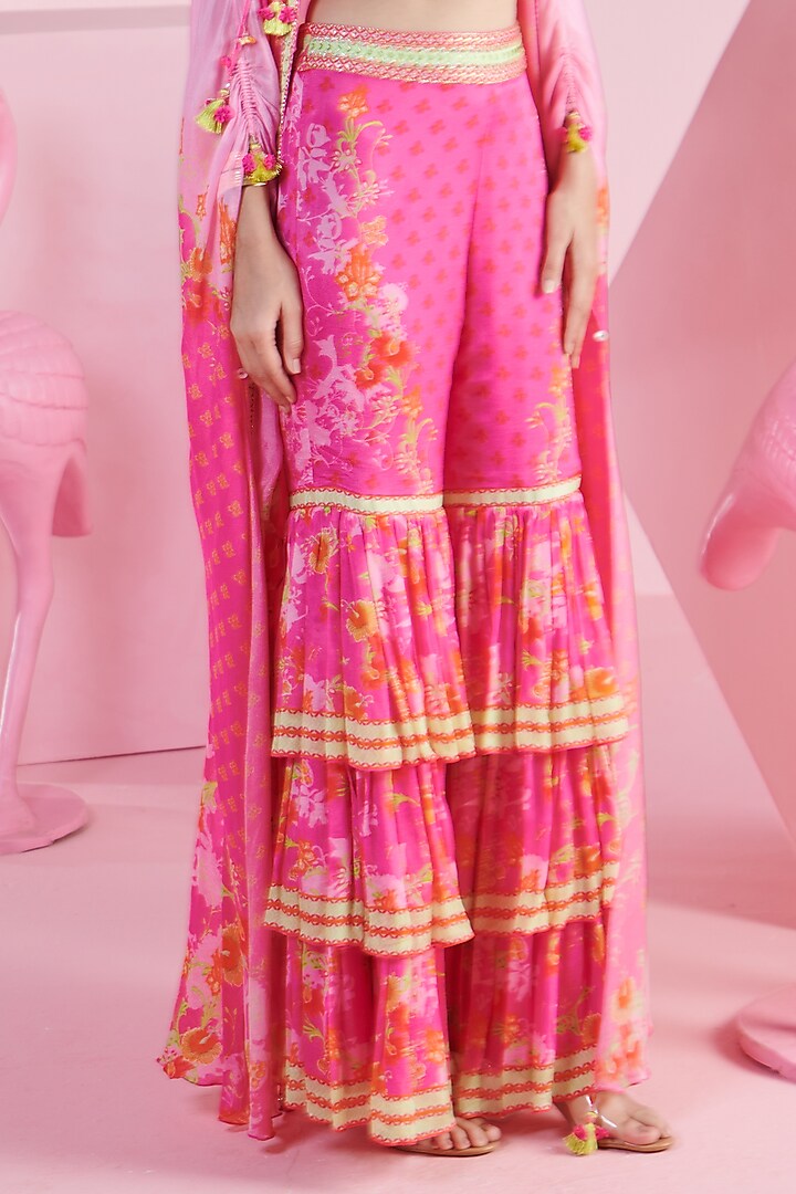 Pink Chiffon Layered Ruffled Cape Set by Mandira Wirk - Indian at Pernia's Pop Up Shop