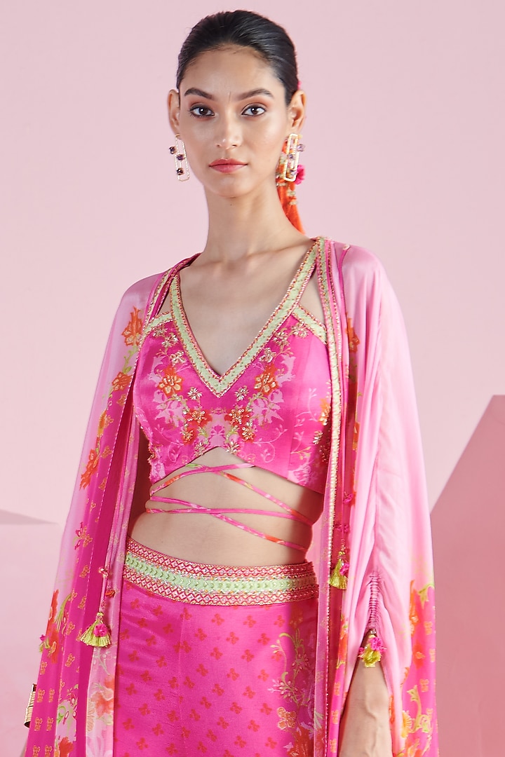 Pink Chiffon Layered Ruffled Cape Set by Mandira Wirk - Indian at Pernia's Pop Up Shop