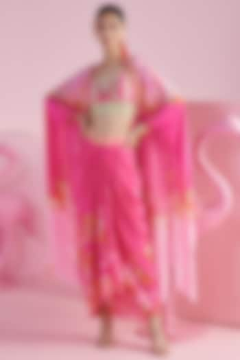 Pink Crepe Printed & Embroidered Cape Set by Mandira Wirk at Pernia's Pop Up Shop