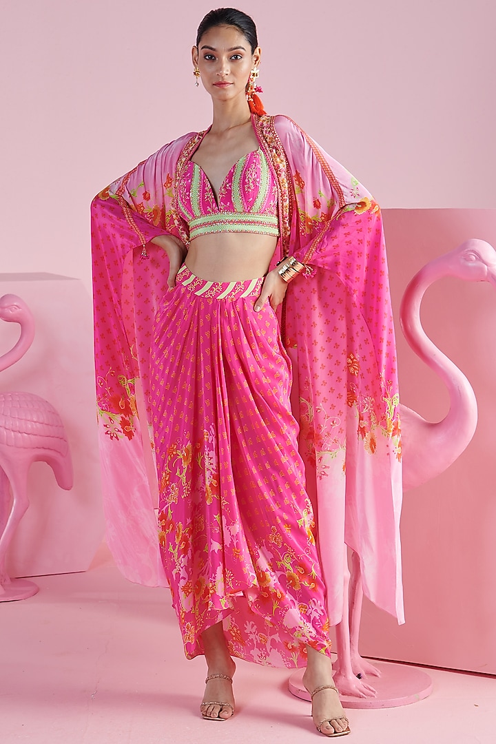 Pink Crepe Printed & Embroidered Cape Set by Mandira Wirk at Pernia's Pop Up Shop