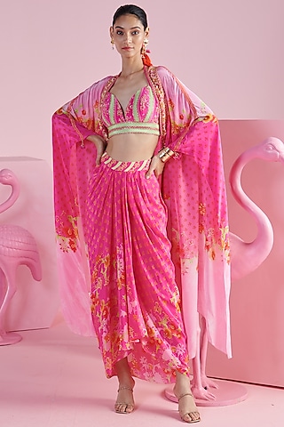 Pink Crepe Printed & Embroidered Cape Set by Mandira Wirk - Indian