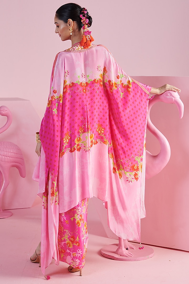 Pink Crepe Printed & Embroidered Cape Set by Mandira Wirk - Indian at Pernia's Pop Up Shop