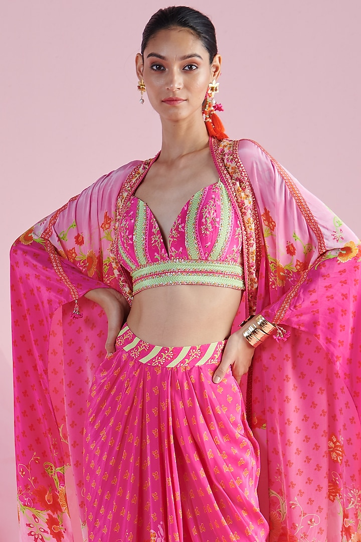 Pink Crepe Printed & Embroidered Cape Set by Mandira Wirk - Indian at Pernia's Pop Up Shop