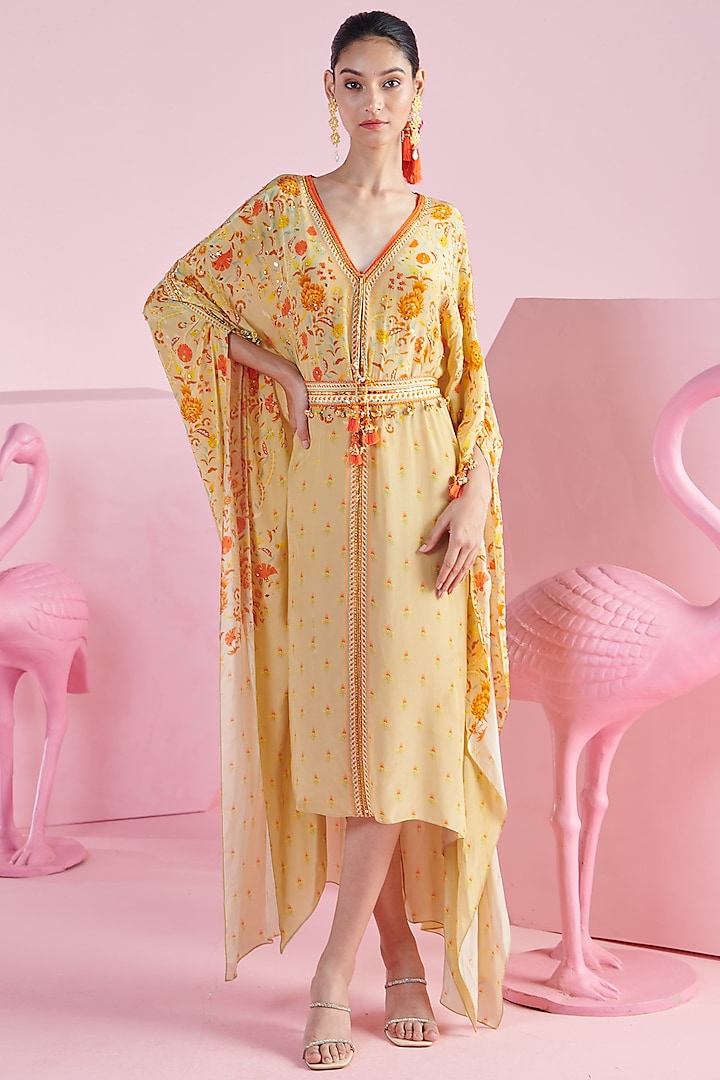 Yellow Crepe Floral Printed Kaftan Dress With Belt by Mandira Wirk