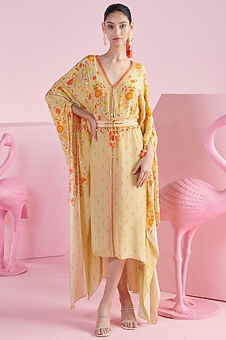 Yellow Crepe Floral Printed Kaftan Dress With Belt by Mandira Wirk - Indian