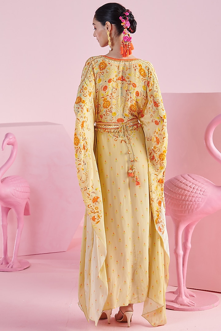 Yellow Crepe Floral Printed Kaftan Dress With Belt by Mandira Wirk - Indian at Pernia's Pop Up Shop
