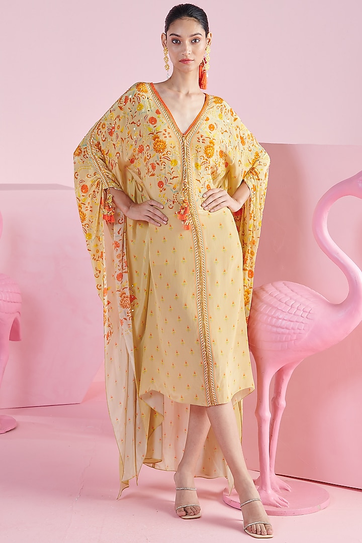 Yellow Crepe Floral Printed Kaftan Dress With Belt by Mandira Wirk - Indian at Pernia's Pop Up Shop