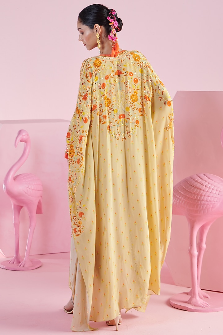 Yellow Crepe Floral Printed Kaftan Dress With Belt by Mandira Wirk - Indian at Pernia's Pop Up Shop