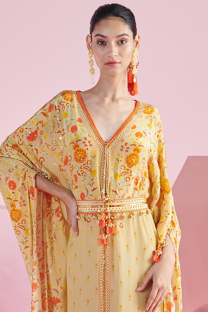 Yellow Crepe Floral Printed Kaftan Dress With Belt by Mandira Wirk - Indian at Pernia's Pop Up Shop