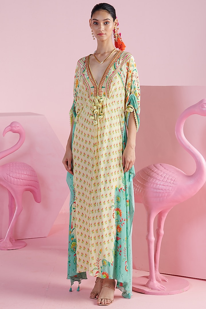 Lemon & Jade Crepe Printed & Embroidered Kaftan by Mandira Wirk - Indian at Pernia's Pop Up Shop