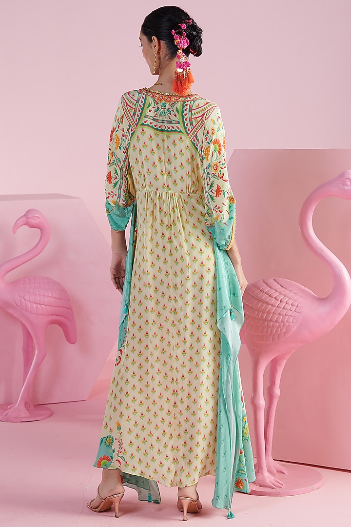 Lemon & Jade Crepe Printed & Embroidered Kaftan by Mandira Wirk - Indian at Pernia's Pop Up Shop