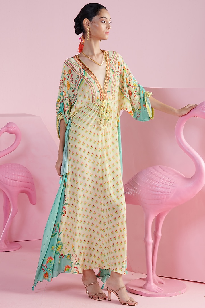 Lemon & Jade Crepe Printed & Embroidered Kaftan by Mandira Wirk - Indian at Pernia's Pop Up Shop