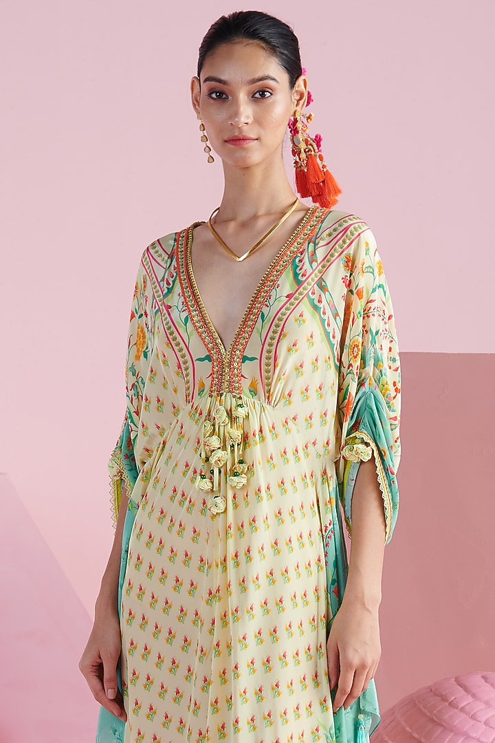 Lemon & Jade Crepe Printed & Embroidered Kaftan by Mandira Wirk - Indian at Pernia's Pop Up Shop