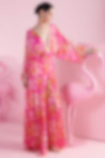 Pink Chiffon Printed & Embroidered Kaftan by Mandira Wirk at Pernia's Pop Up Shop