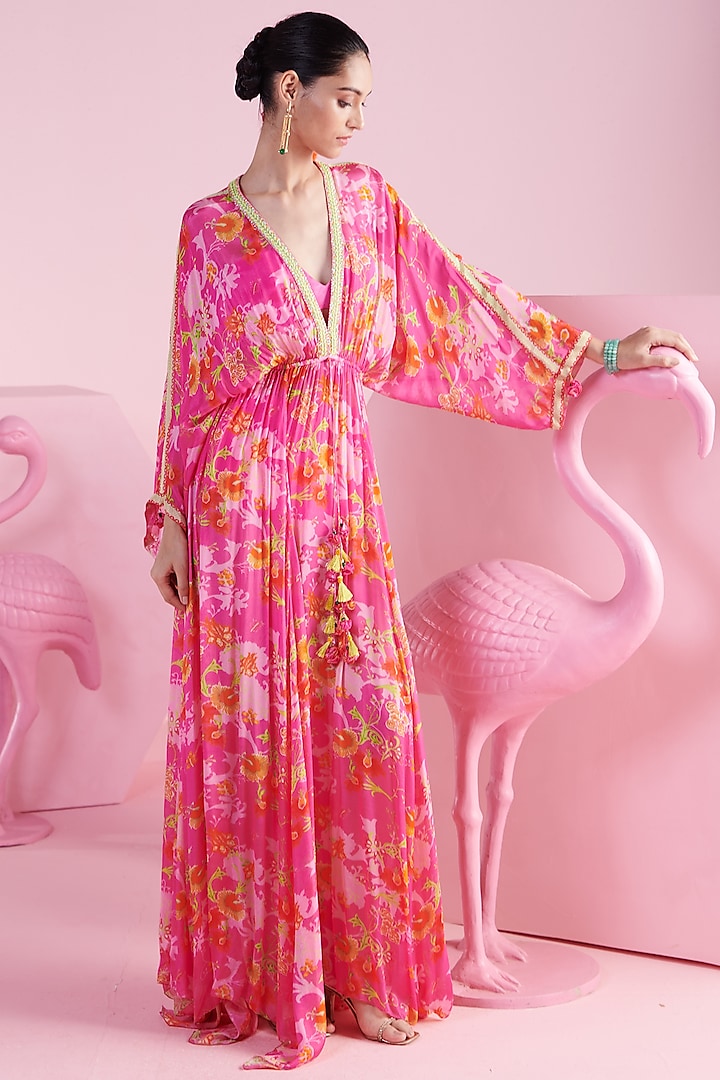 Pink Chiffon Printed & Embroidered Kaftan by Mandira Wirk at Pernia's Pop Up Shop