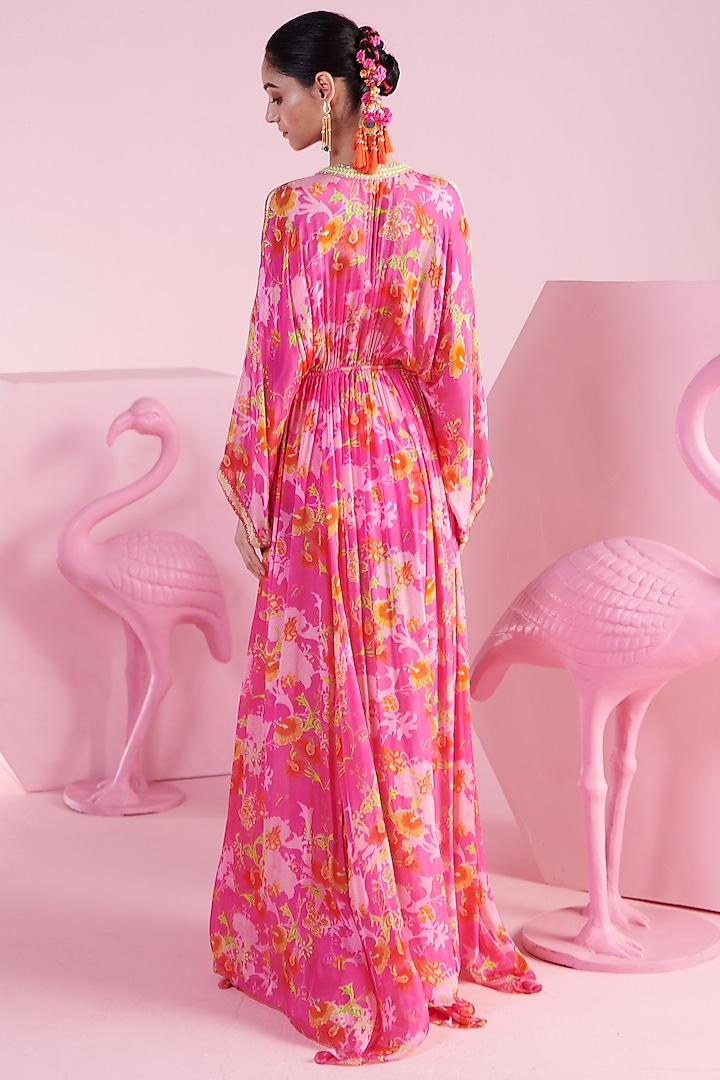 Pink Chiffon Printed & Embroidered Kaftan by Mandira Wirk - Indian at Pernia's Pop Up Shop