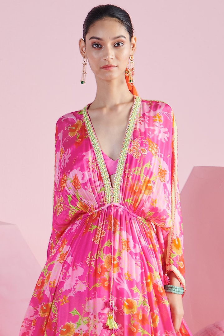 Pink Chiffon Printed & Embroidered Kaftan by Mandira Wirk - Indian at Pernia's Pop Up Shop