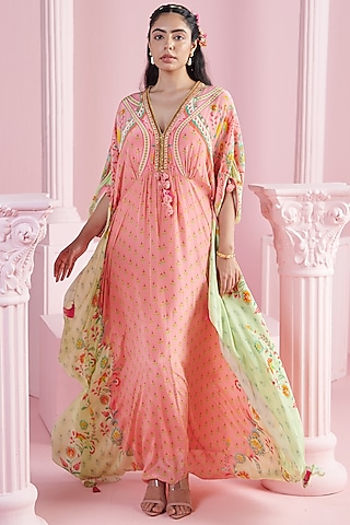 Peach Crepe Embroidered Kaftan by Mandira Wirk - Indian