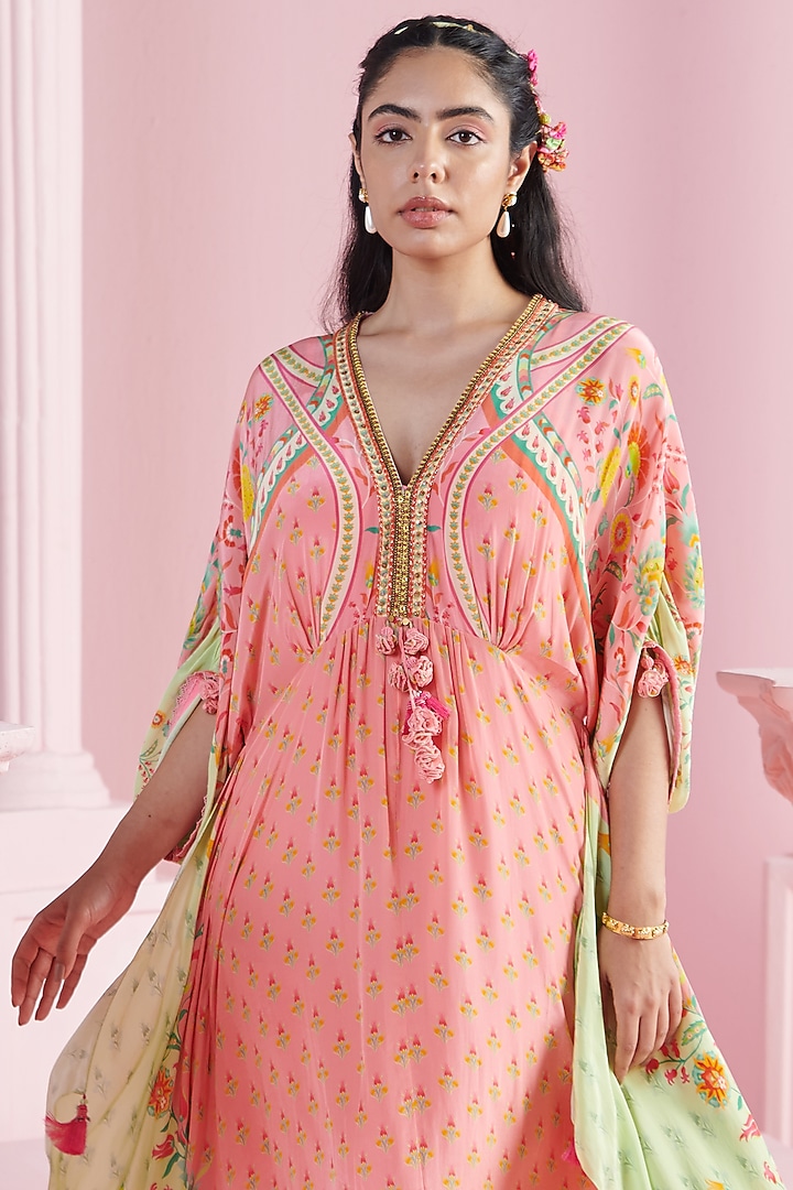 Peach Crepe Embroidered Kaftan by Mandira Wirk - Indian at Pernia's Pop Up Shop