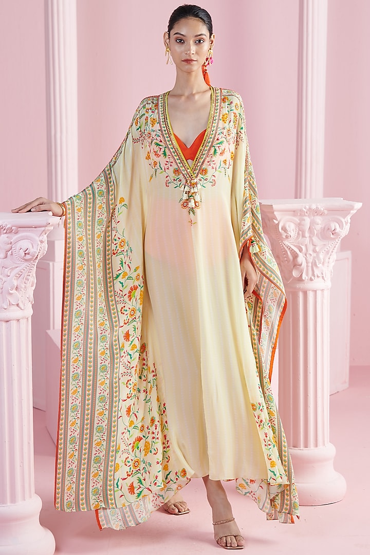 Lemon Crepe Printed & Embroidered Kaftan Set by Mandira Wirk at Pernia's Pop Up Shop