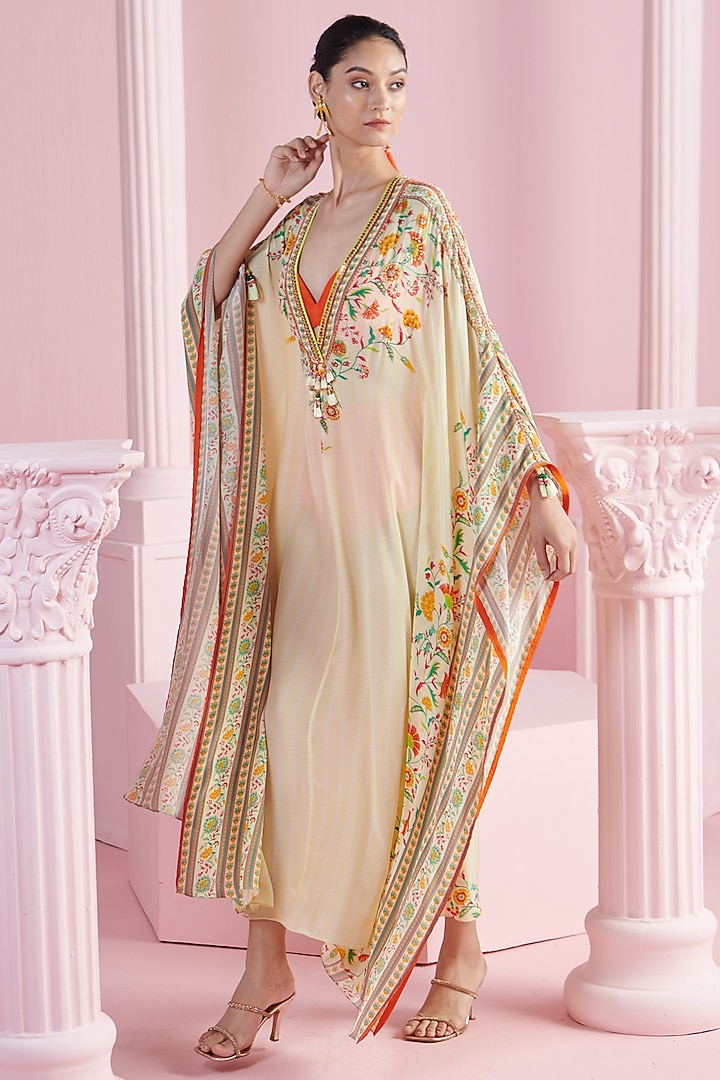 Lemon Crepe Printed & Embroidered Kaftan Set by Mandira Wirk - Indian at Pernia's Pop Up Shop