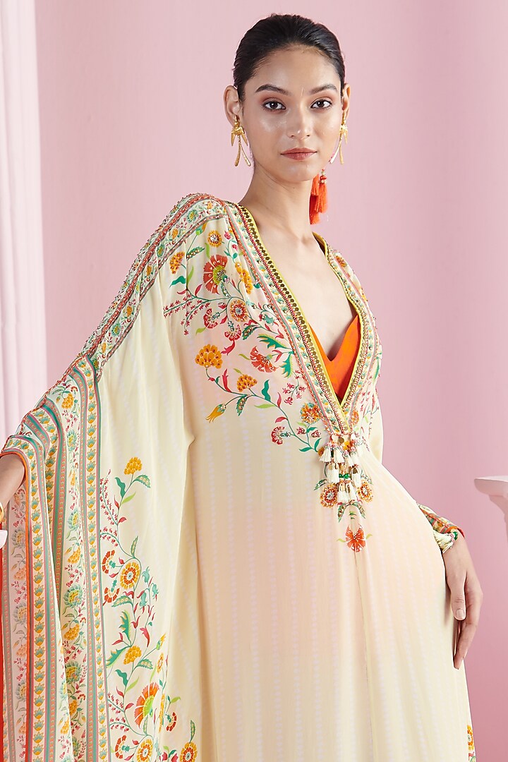 Lemon Crepe Printed & Embroidered Kaftan Set by Mandira Wirk - Indian at Pernia's Pop Up Shop
