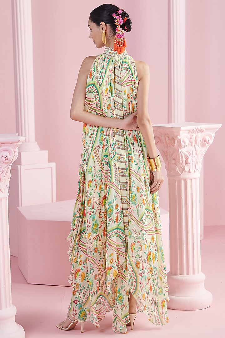 Lemon Chiffon Printed & Embroidered Asymmetric Cocktail Dress by Mandira Wirk - Indian at Pernia's Pop Up Shop