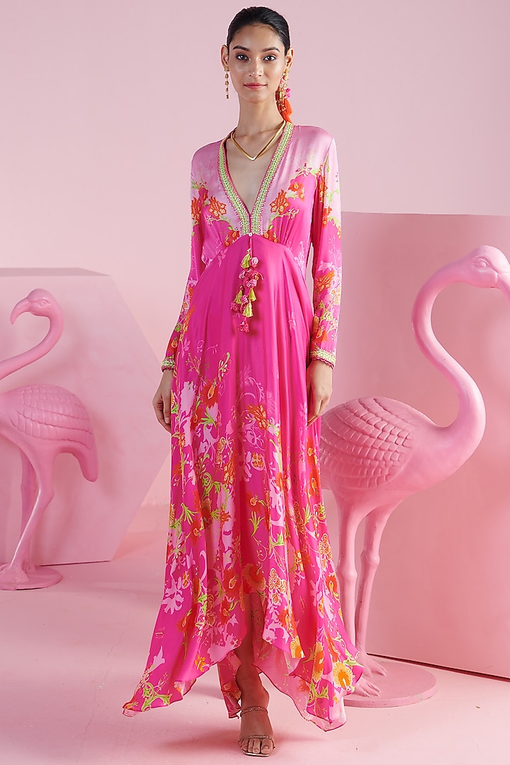 Pink Modal Satin Floral Printed & Embroidered Dress by Mandira Wirk