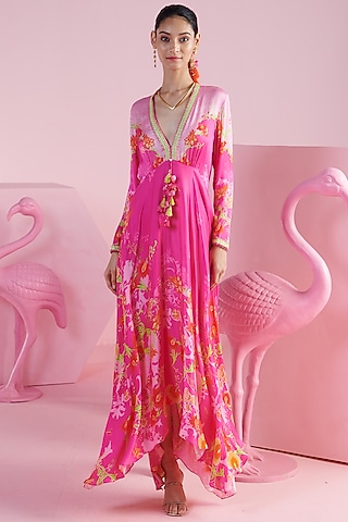 Pink Modal Satin Floral Printed & Embroidered Dress by Mandira Wirk - Indian
