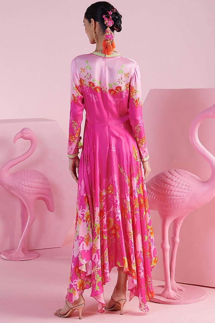 Pink Modal Satin Floral Printed & Embroidered Cocktail Dress by Mandira Wirk - Indian at Pernia's Pop Up Shop
