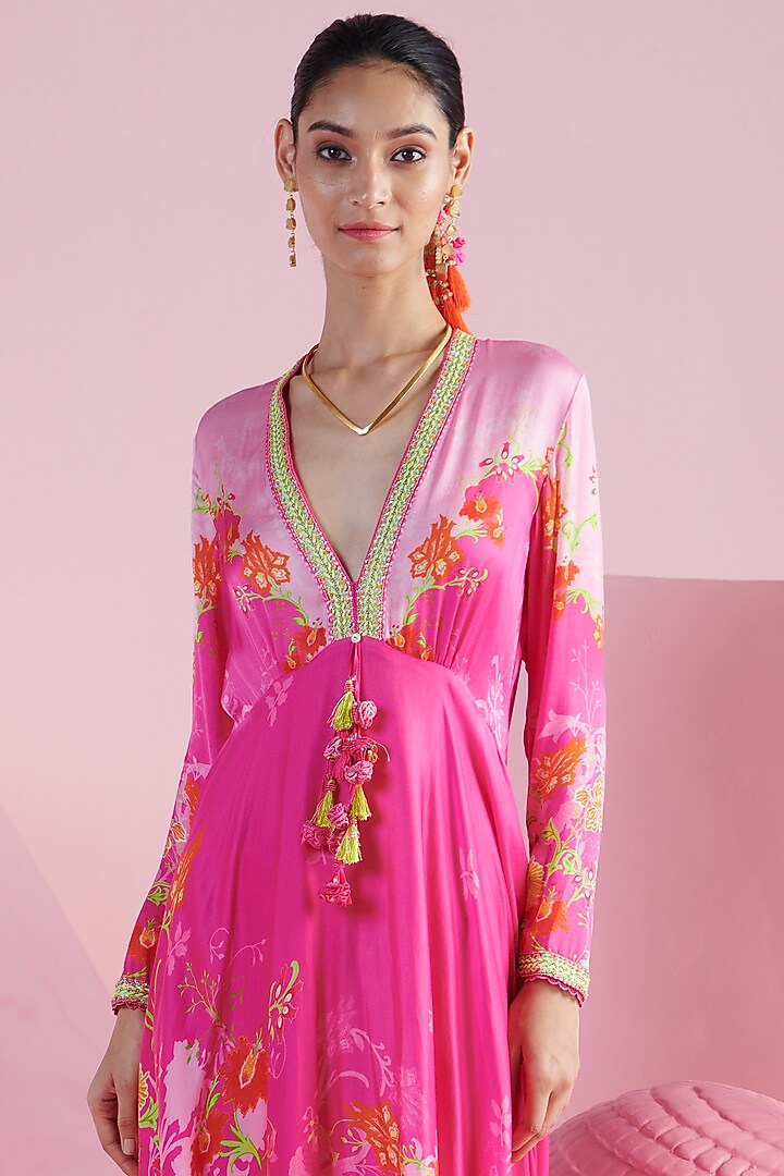 Pink Modal Satin Floral Printed & Embroidered Cocktail Dress by Mandira Wirk - Indian at Pernia's Pop Up Shop
