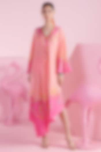 Pink Crepe Floral Printed & Embroidered Asymmetrical Kaftan Dress by Mandira Wirk at Pernia's Pop Up Shop