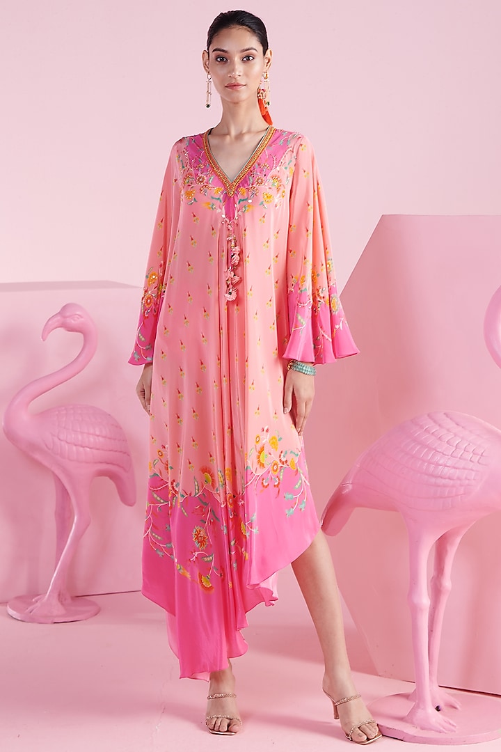 Pink Crepe Floral Printed & Embroidered Asymmetrical Kaftan Dress by Mandira Wirk at Pernia's Pop Up Shop