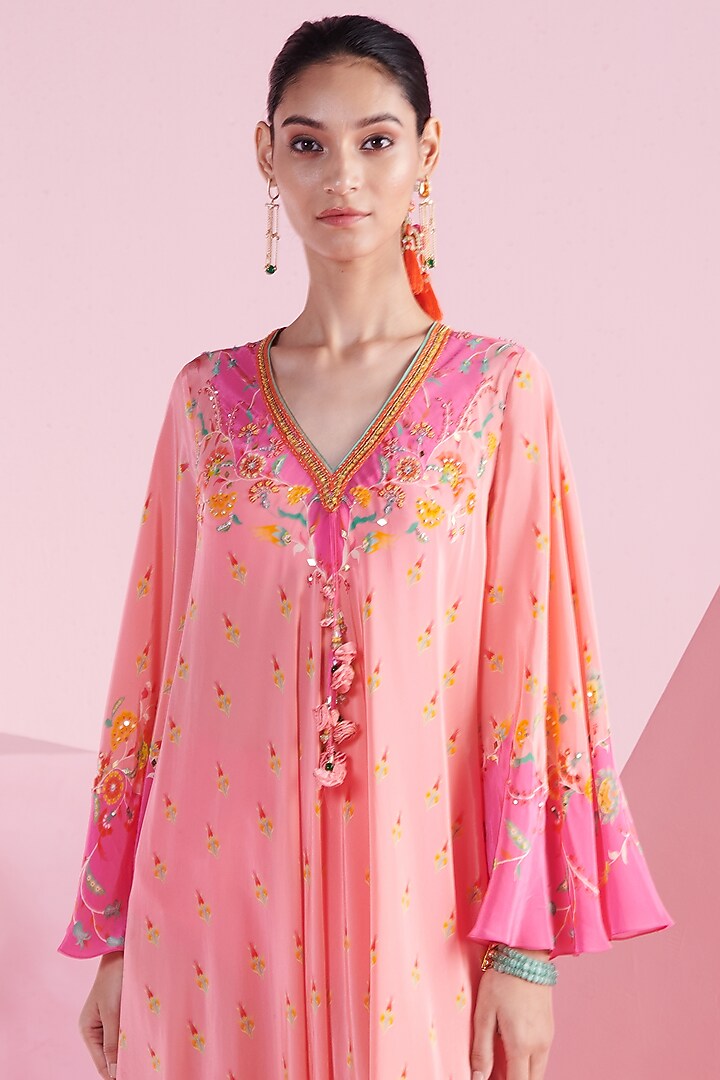 Pink Crepe Floral Printed & Embroidered Asymmetrical Kaftan Dress by Mandira Wirk - Indian at Pernia's Pop Up Shop