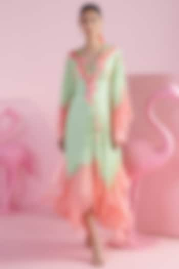 Light Green & Pink Crepe Asymmetrical Ruffled Dress by Mandira Wirk at Pernia's Pop Up Shop