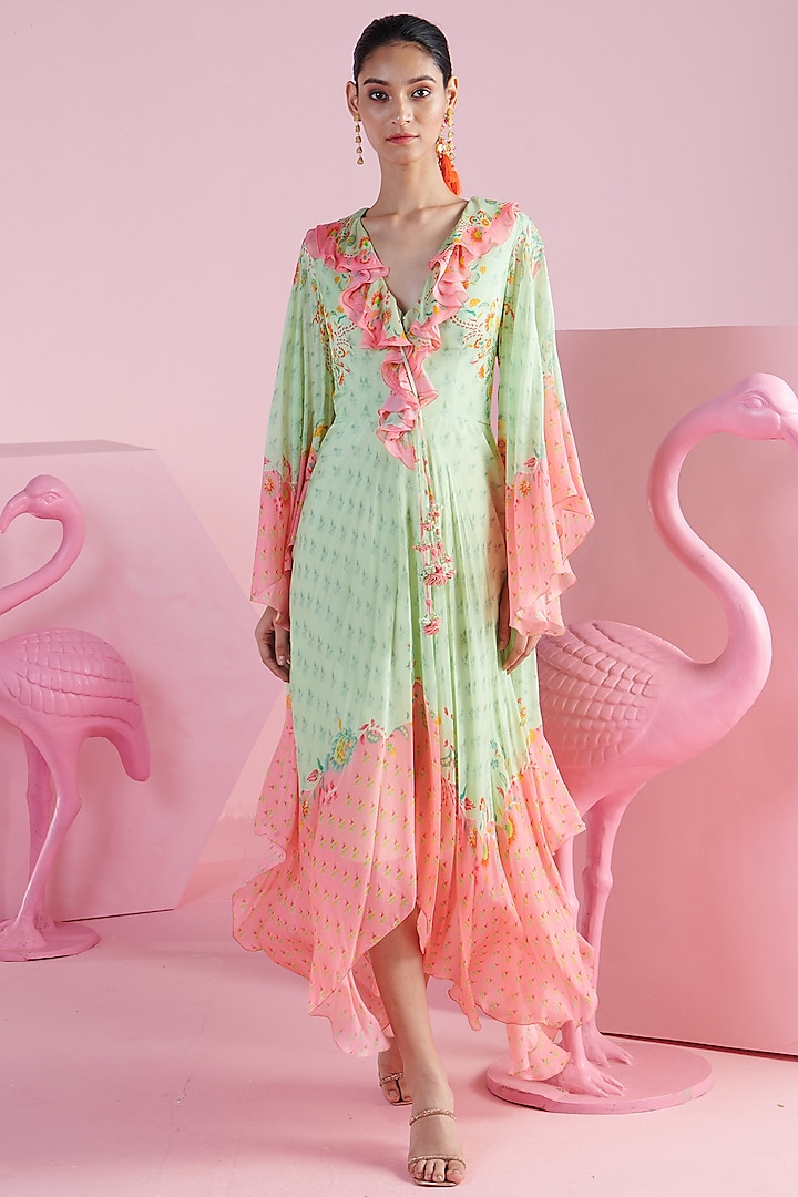 Light Green & Pink Crepe Asymmetrical Ruffled Dress by Mandira Wirk at Pernia's Pop Up Shop