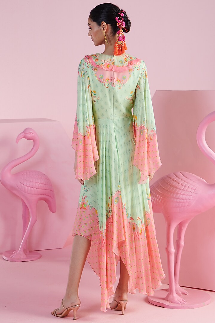 Light Green & Pink Crepe Asymmetrical Ruffled Cocktail Dress by Mandira Wirk - Indian at Pernia's Pop Up Shop