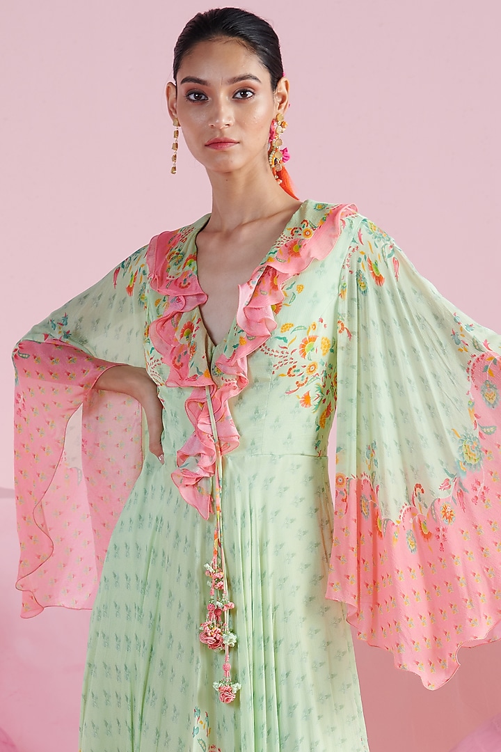 Light Green & Pink Crepe Asymmetrical Ruffled Cocktail Dress by Mandira Wirk - Indian at Pernia's Pop Up Shop
