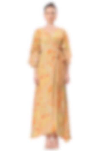 Ochre Yellow Crepe Floral Printed Maxi Dress by Mandira Wirk at Pernia's Pop Up Shop