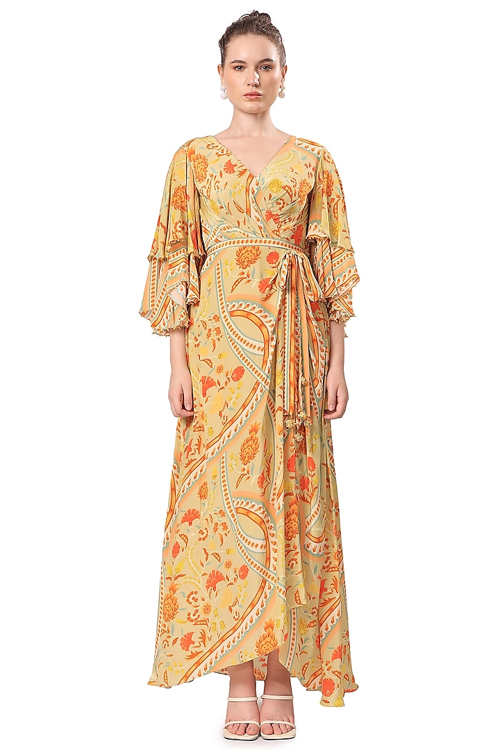 Ochre Yellow Crepe Floral Printed Maxi Dress by Mandira Wirk at Pernia's Pop Up Shop