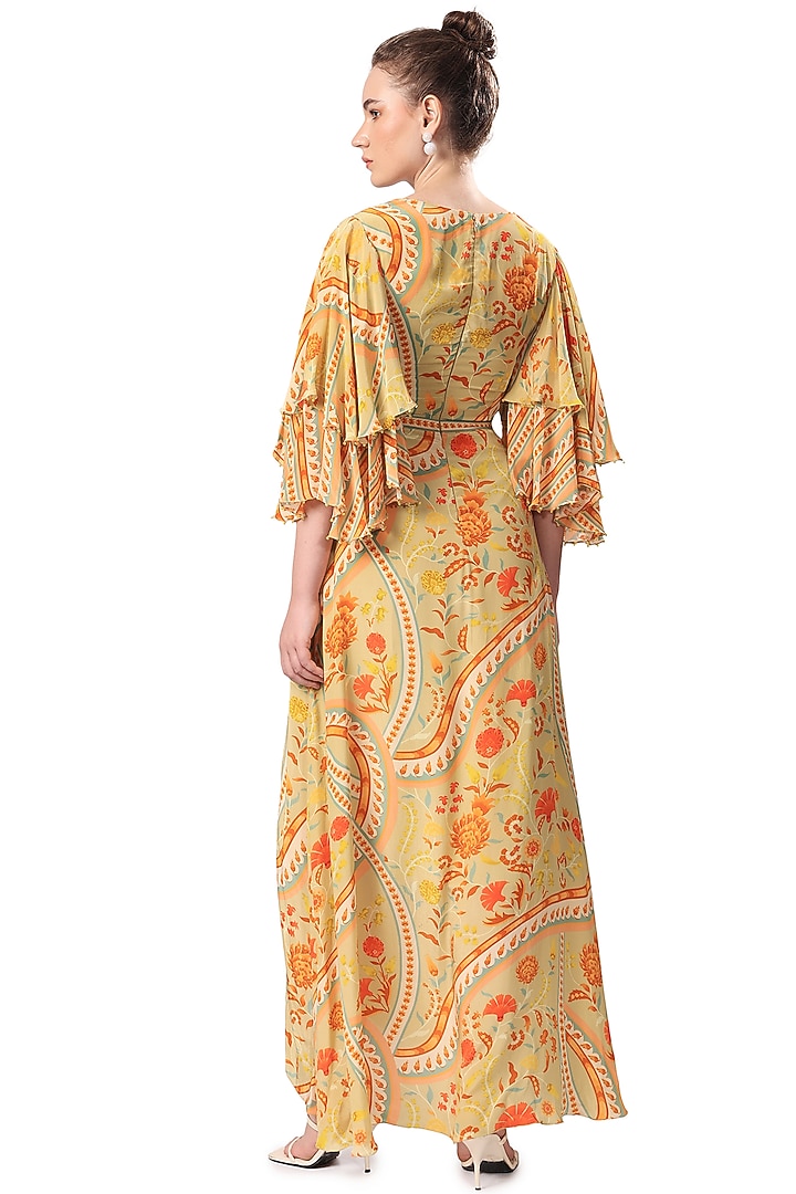 Ochre Yellow Crepe Floral Printed Maxi Cocktail Dress by Mandira Wirk - Indian at Pernia's Pop Up Shop