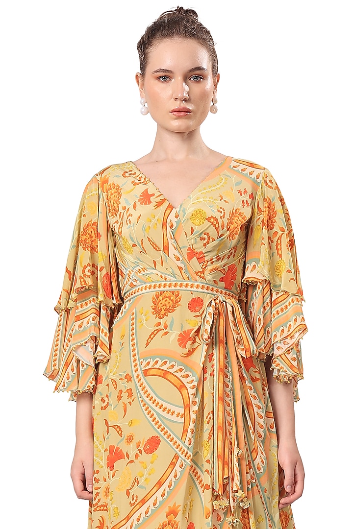 Ochre Yellow Crepe Floral Printed Maxi Cocktail Dress by Mandira Wirk - Indian at Pernia's Pop Up Shop