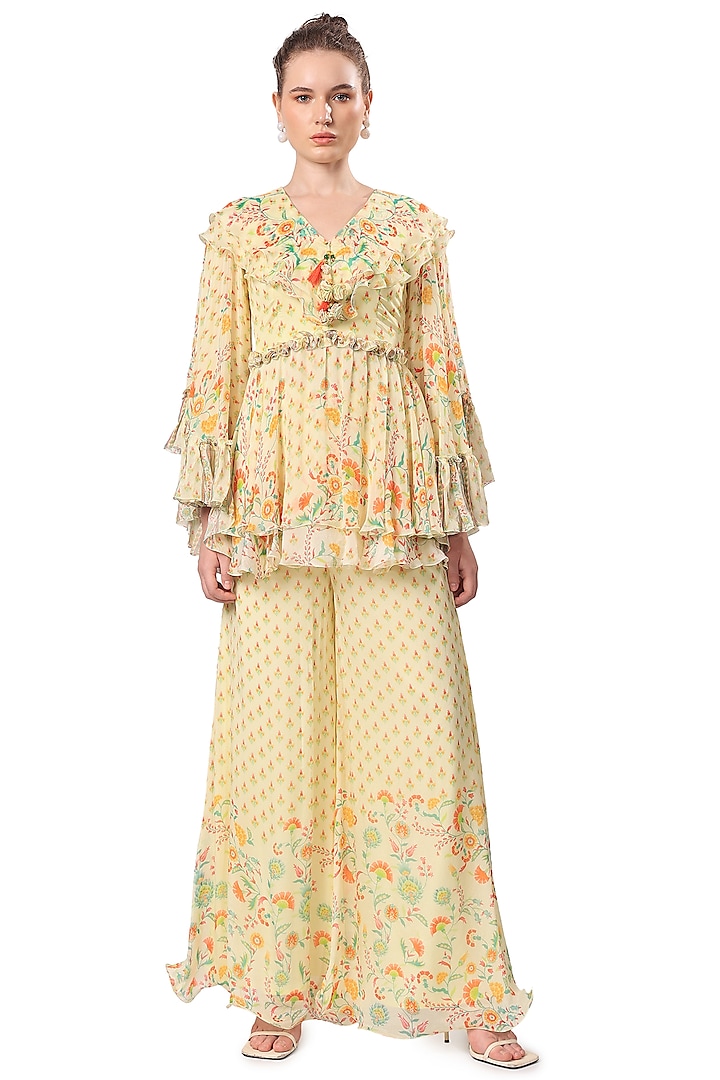 Lemon Chiffon Printed Sharara Set by Mandira Wirk at Pernia's Pop Up Shop