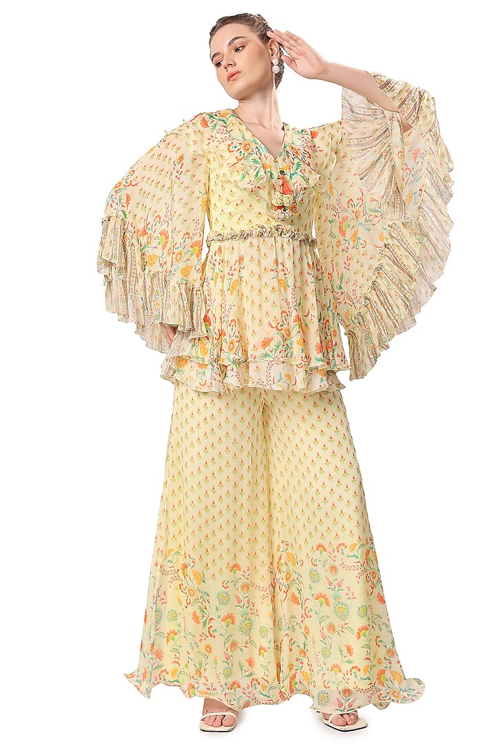Lemon Chiffon Printed Wedding Sharara Set by Mandira Wirk - Indian at Pernia's Pop Up Shop