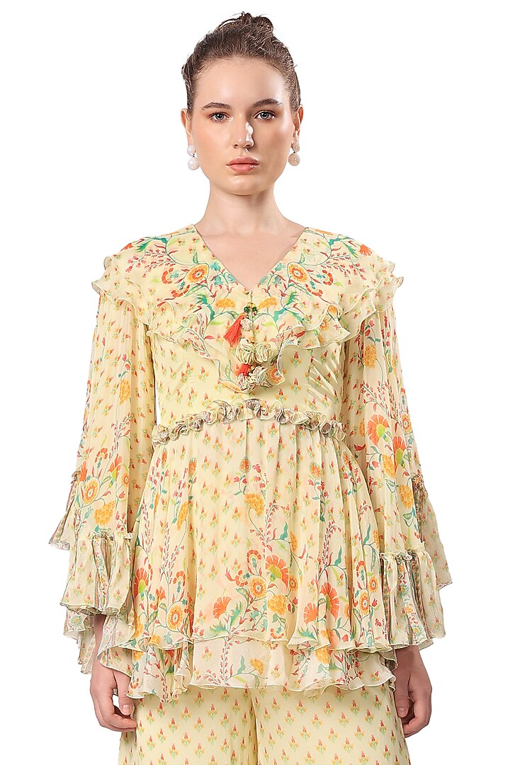Lemon Chiffon Printed Wedding Sharara Set by Mandira Wirk - Indian at Pernia's Pop Up Shop