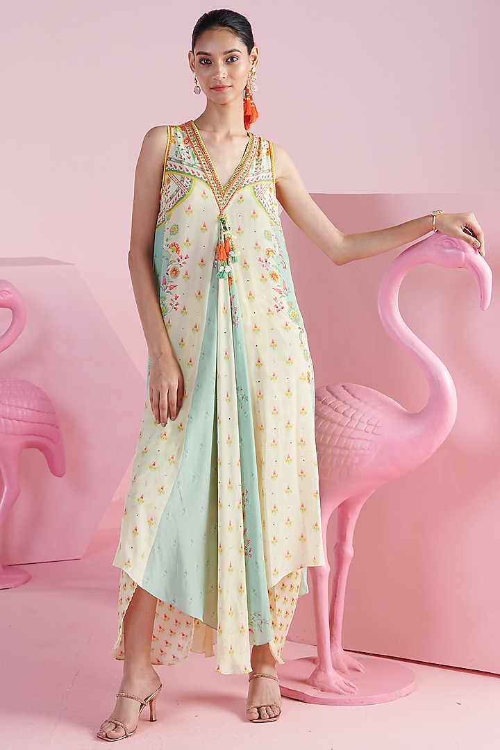 Jade & Cream Chiffon Printed & Embroidered Asymmetrical Tunic Set by Mandira Wirk at Pernia's Pop Up Shop